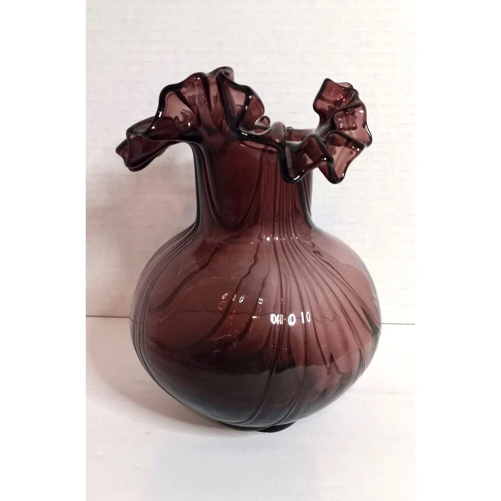 Vintage Hand Blown Amethyst Glass Vase.Ruffled Lip Melon Base